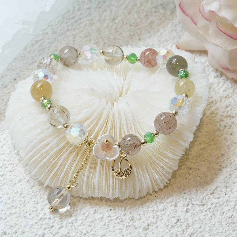Wear FengShui Strawberry Quartz Rutilated Quartz Fluorite Flower Healing Bracelet