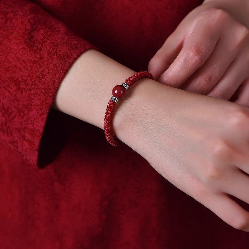 Wear FengShui 925 Sterling Silver Natural Cinnabar Bead Calm Handmade Braided String Bracelet