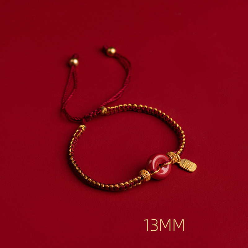 Wear FengShui Natural Cinnabar Peace Buckle Fu Character Charm Blessing Braided Bracelet