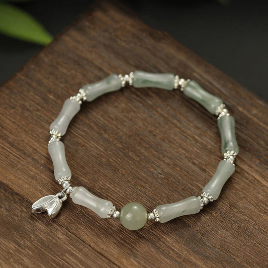 Wear FengShui 925 Sterling Silver Natural Tianshan Jade Bamboo Charm Luck Bracelet