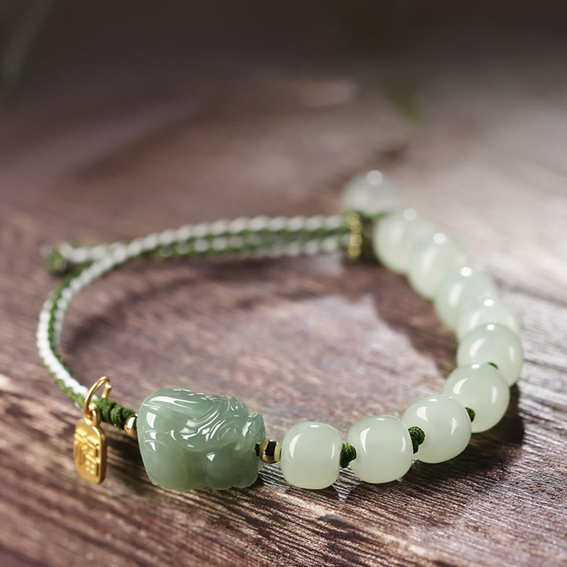 Wear FengShui Natural Hetian Jade PiXiu Luck Fu Character String Bracelet