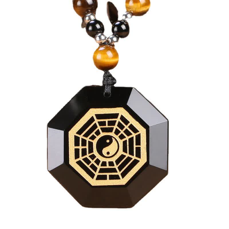 Wear FengShui Bagua Yin Yang Black Obsidian Purification Beaded Necklace Pendant