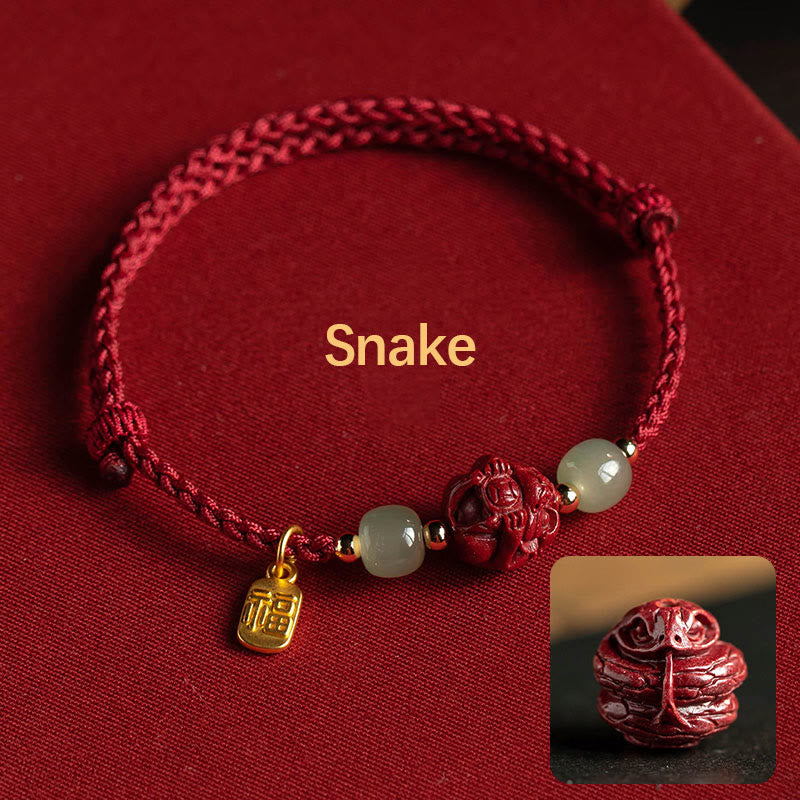 Wear FengShui Natural Cinnabar Chinese Zodiac Hetian Jade Fu Character Luck Rope Bracelet