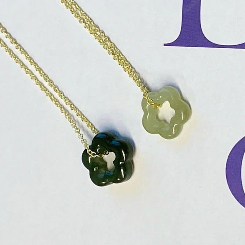 Wear FengShui Dainty Hetian Jade Cyan Jade Luck Floral Charm Necklace Pendant
