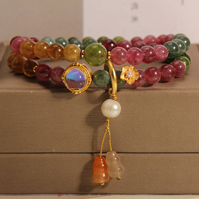 Wear FengShui Multicolored Tourmaline Positive Double Wrap Gourd Charm Bracelet