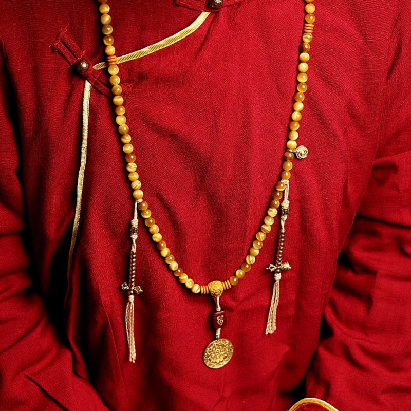 Wear FengShui 108 Mala Beads Natural Tiger Eye Copper Dorje Protection Tassel Bracelet