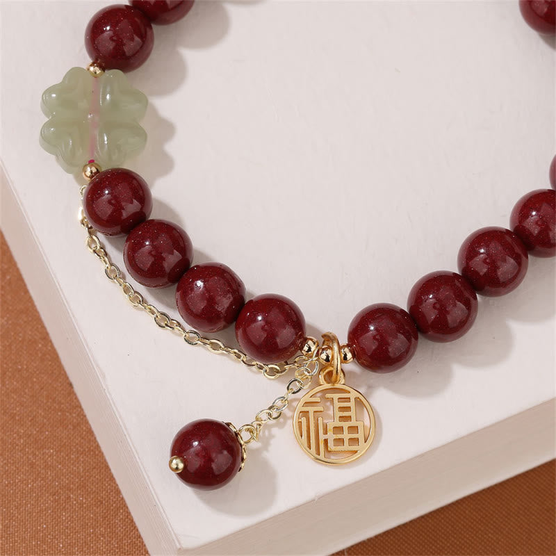 Wear FengShui Cinnabar Fu Character Hetian Jade Lucky Four Leaf Clover Blessing Bracelet
