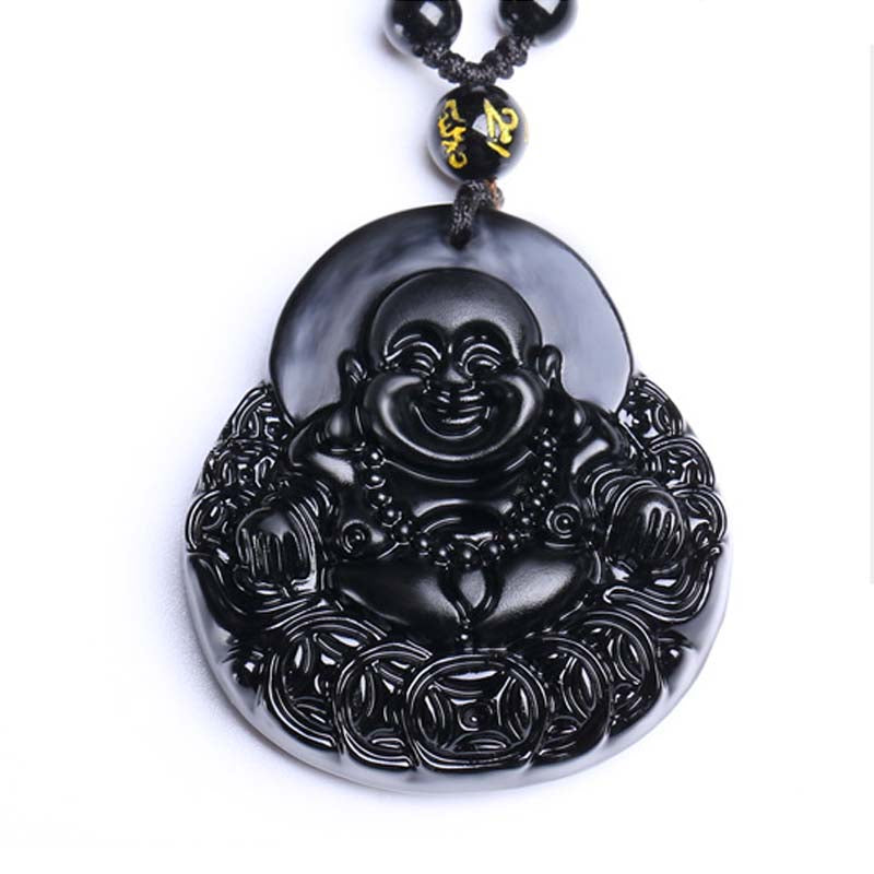 Wear FengShui Laughing Buddha Black Obsidian Strength Protection Pendant Necklace
