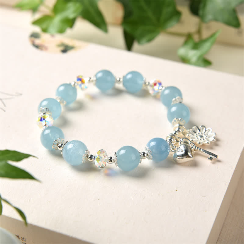 Wear FengShui 925 Sterling Silver Natural Aquamarine Serenity Flower Love Key Charm Bracelet