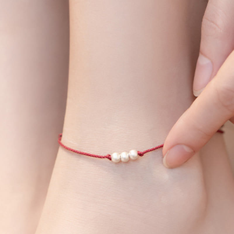Wear FengShui 925 Sterling Silver Three Beads Protection String Bracelet Anklet