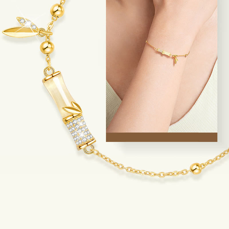 Wear FengShui 925 Sterling Silver 18K Gold Plated White Jade Bamboo Zircon Leaf Luck Bracelet