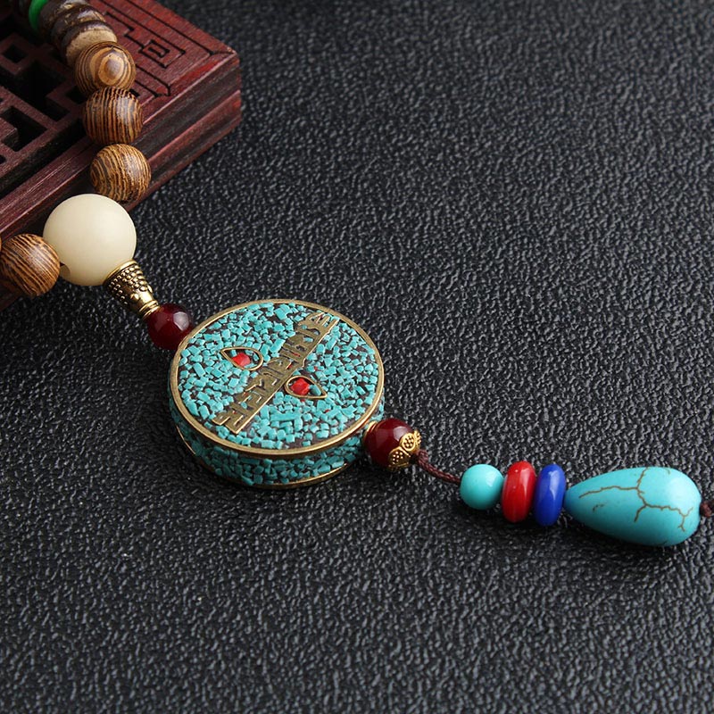 Wear FengShui Turquoise Dzi Bead Prayer Wheel Wenge Wood Meditation Necklace