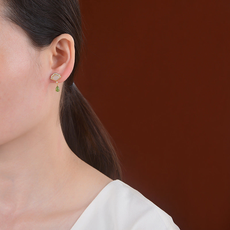 Wear FengShui White Jade Cyan Jade Fan Water Drop Pattern Luck Drop Earrings