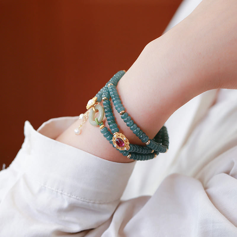 Wear FengShui 925 Sterling Silver Gold Plated Cyan Jade Flower Peace Buckle Success Triple Wrap Bracelet