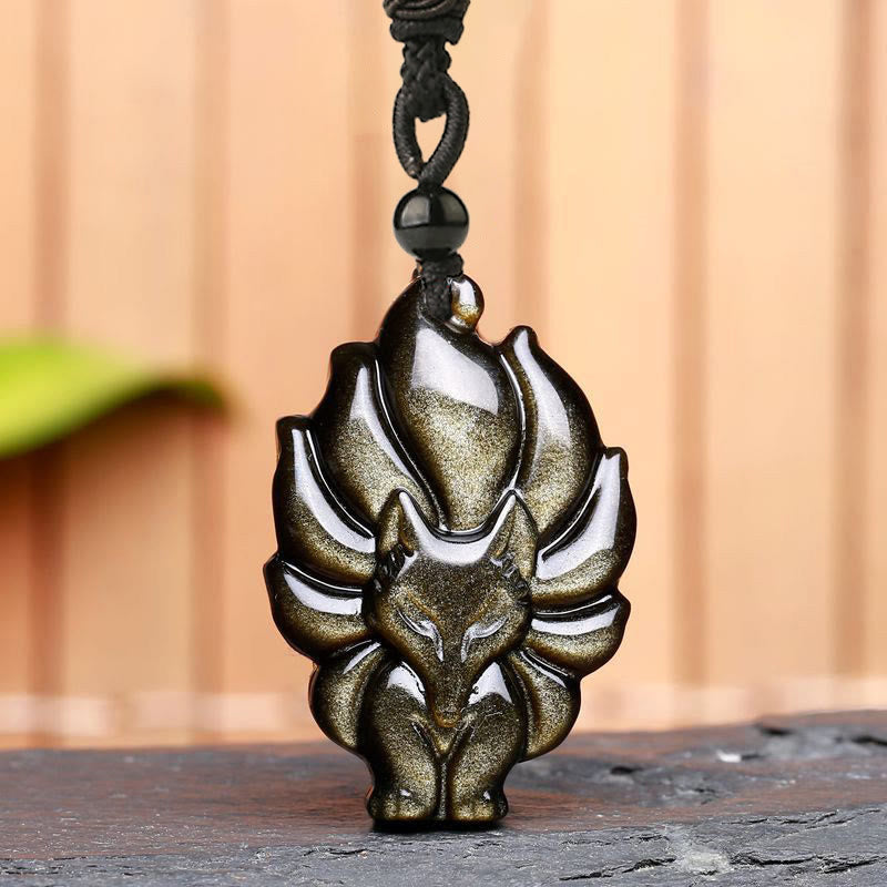Wear FengShui Natural Fluorite Gold Sheen Obsidian Fox Pendant Protection Necklace