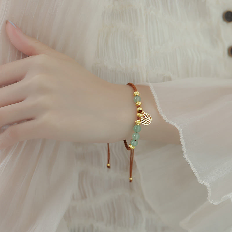 Wear FengShui Jade Beads Fu Character Blessing Rope Bracelet
