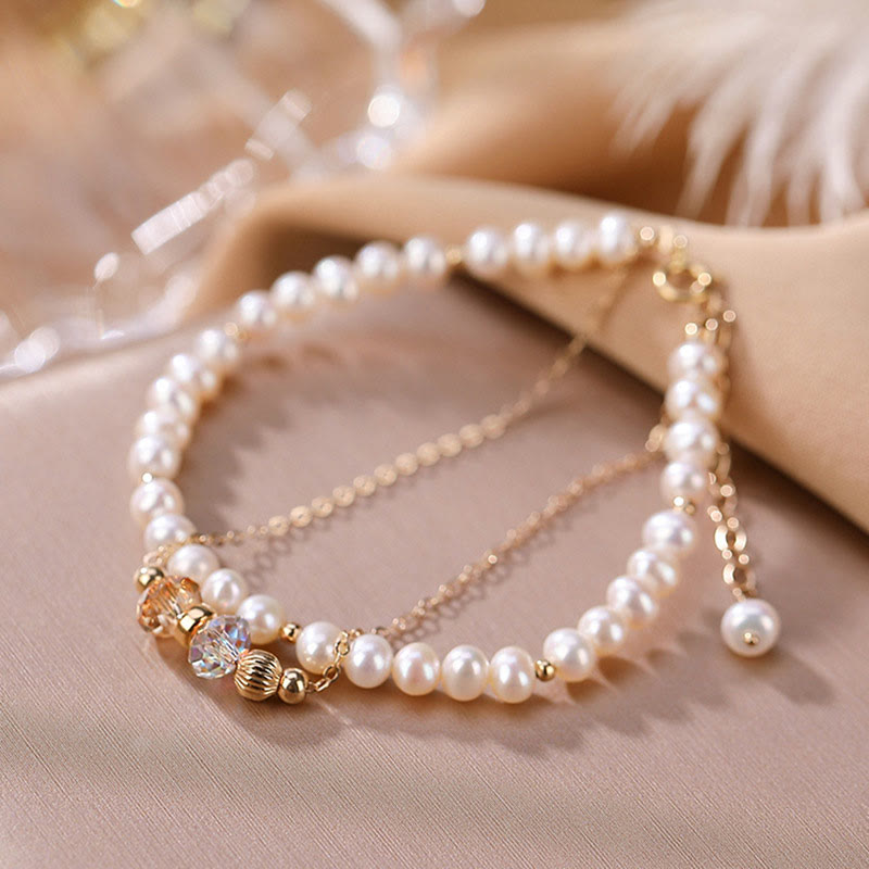 Wear FengShui 925 Sterling Silver Plated 14k Gold Natural Pearl Crystal Healing Double Layer Bracelet