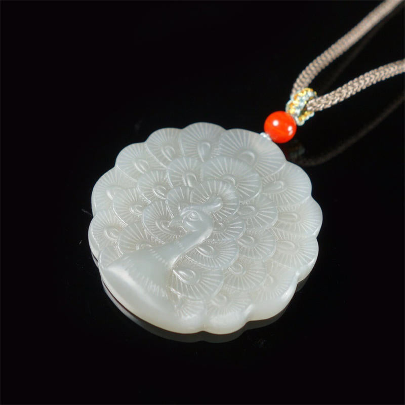 Wear FengShui White Jade Peacock Protection Blessing Necklace Pendant