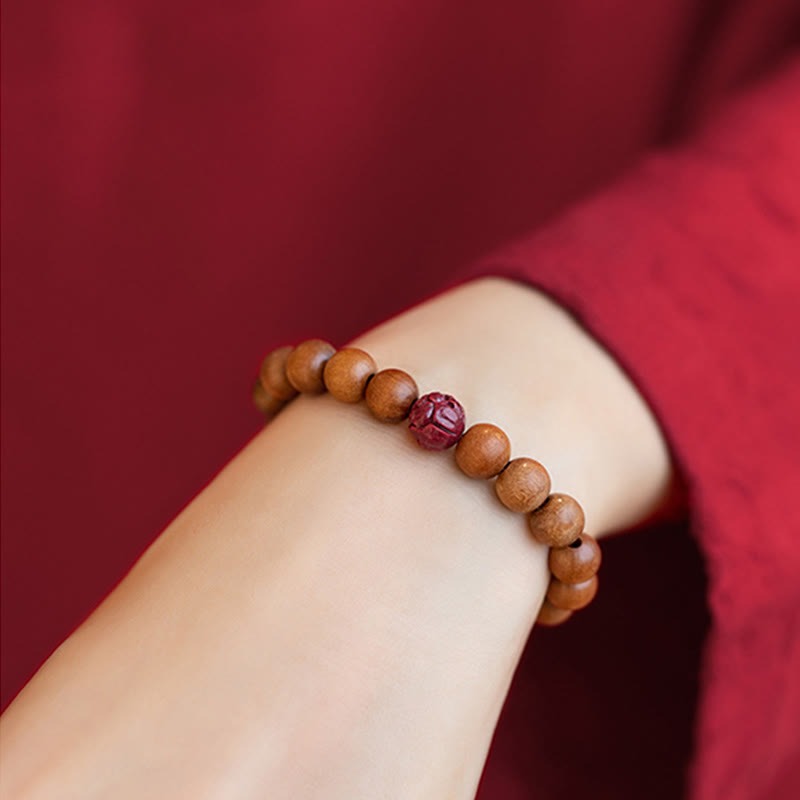 Wear FengShui Peach Wood Lotus Cinnabar Luck Wealth Bracelet