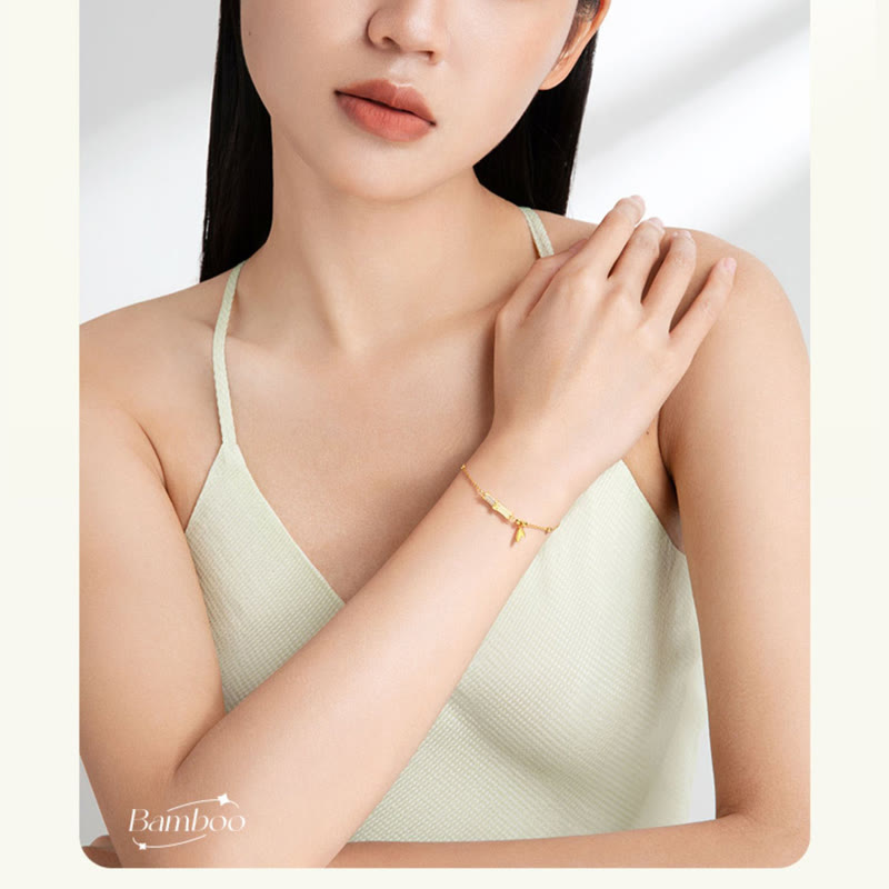 Wear FengShui 925 Sterling Silver 18K Gold Plated White Jade Bamboo Zircon Leaf Luck Bracelet