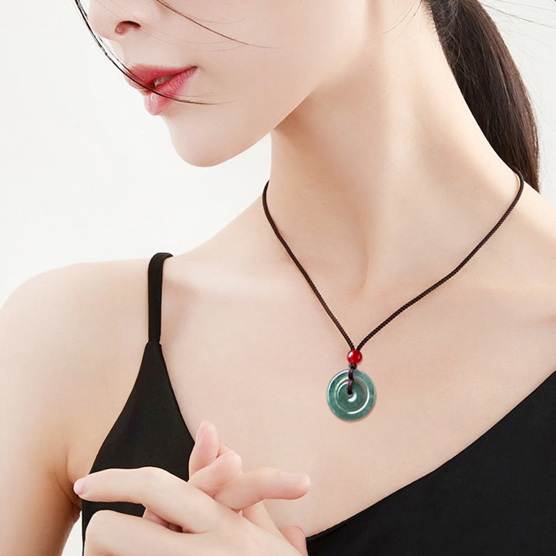 Wear FengShui Green Jade Double Peace Buckle Abundance Necklace Pendant