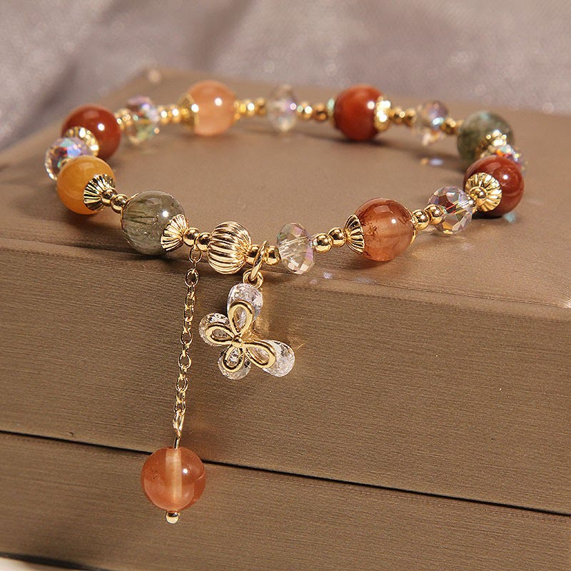 Wear FengShui Natural Fu Lu Shou Rainbow Crystal Rutilated Quartz Wealth Butterfly Charm Bracelet