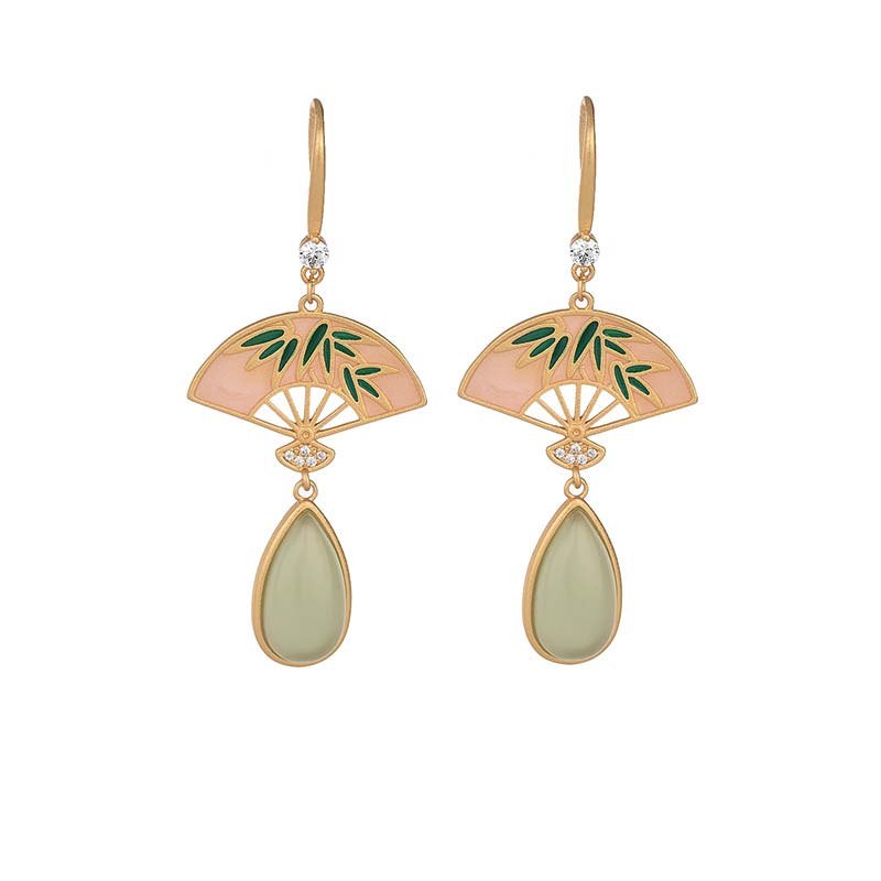 Wear FengShui Natural Green Aventurine Fan Pattern Luck Drop Earrings