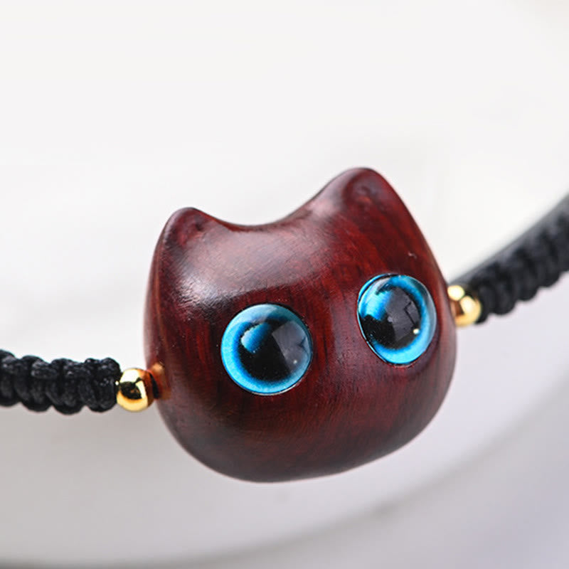 Wear FengShui Small Leaf Red Sandalwood Ebony Wood Cute Cat Head Calm Protection Braided Bracelet