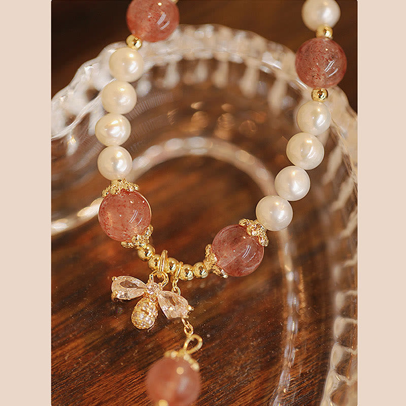 Wear FengShui Natural Pearl Strawberry Quartz Healing Cute Honey Bee Charm Bracelet