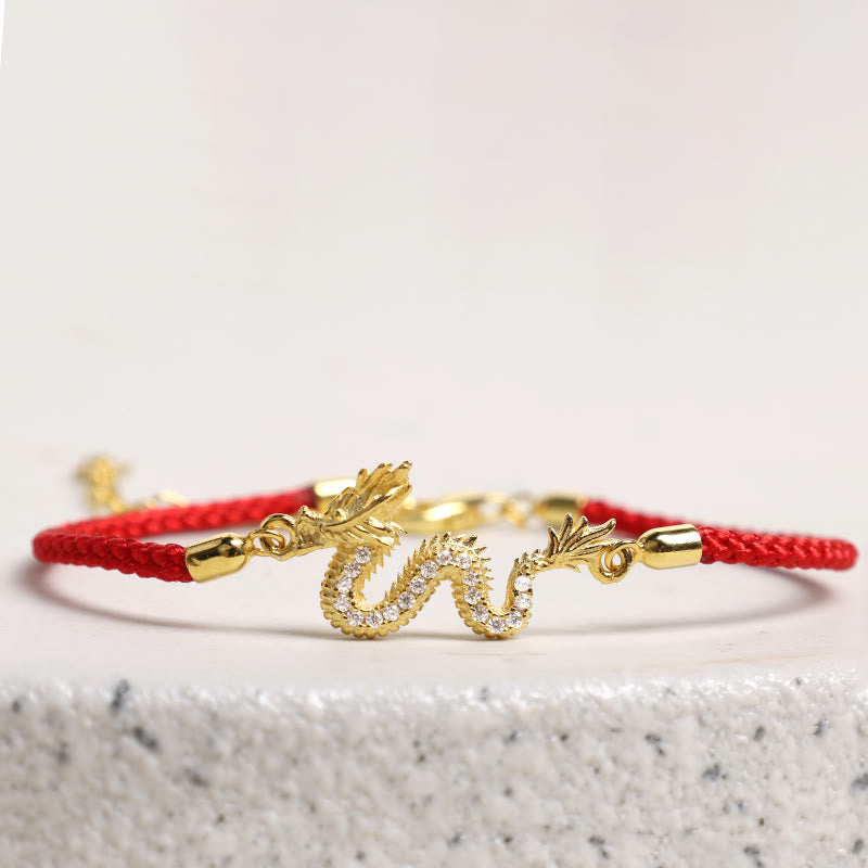 Wear FengShui 925 Sterling Silver Year Of The Dragon Auspicious Golden Dragon Luck Red Rope Chain Bracelet