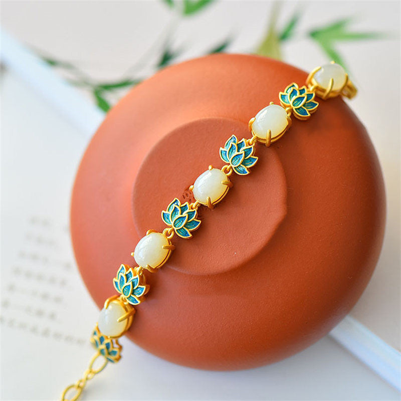 Wear FengShui White Jade Cyan Jade Lotus Protection Bracelet