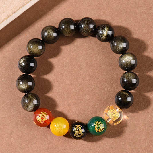 Wear FengShui Gold Sheen Obsidian Rainbow Obsidian Black Obsidian Five Directions Gods of Wealth Bracelet