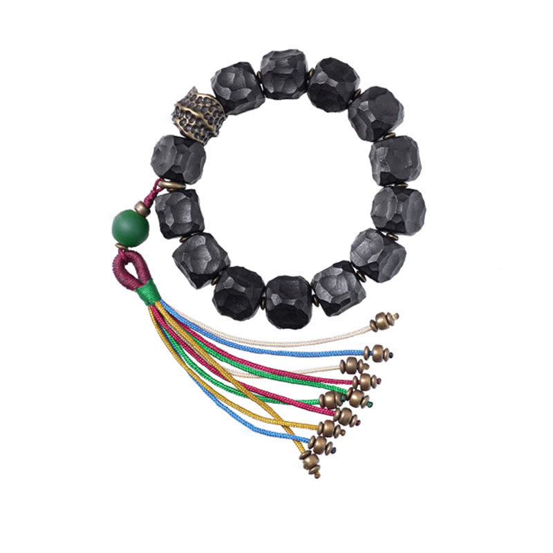 Wear FengShui Tibet Ebony Wood Copper Peace Tassel Wrist Mala Bracelet
