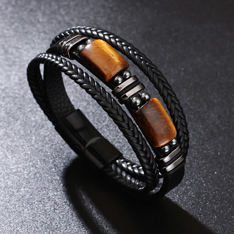 Wear FengShui Tiger Eye Power Magnetic Buckle Multilayered Leather Bracelet