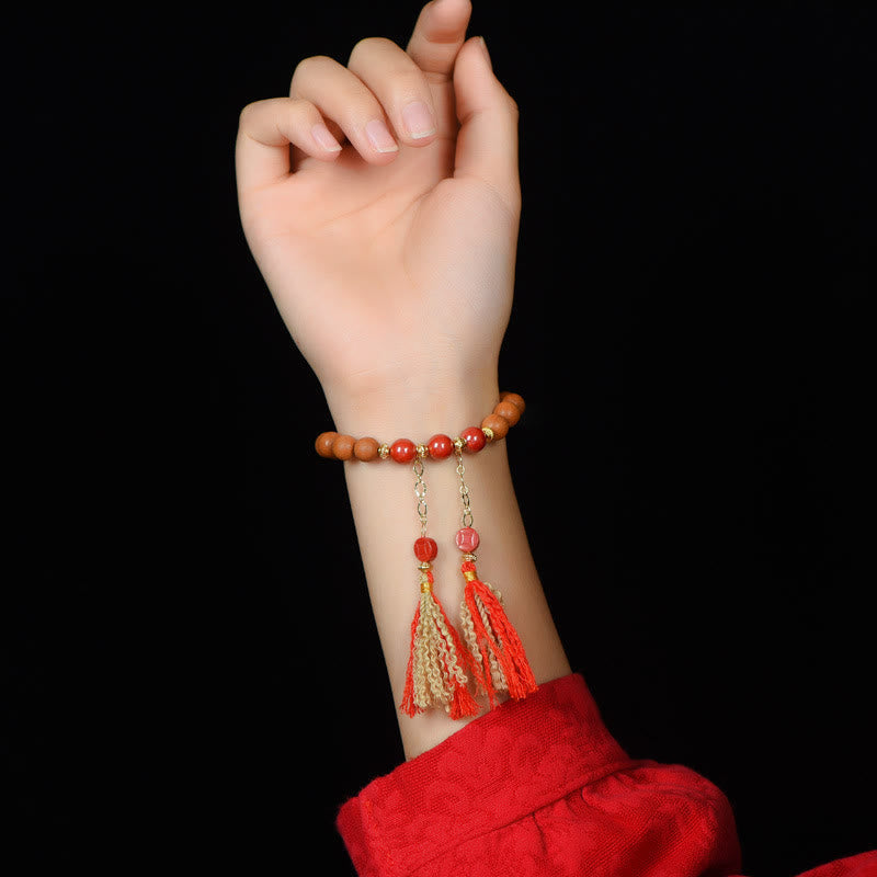 Wear FengShui Tibetan Natural Peach Wood Cinnabar PiXiu Wealth Tassels Bracelet