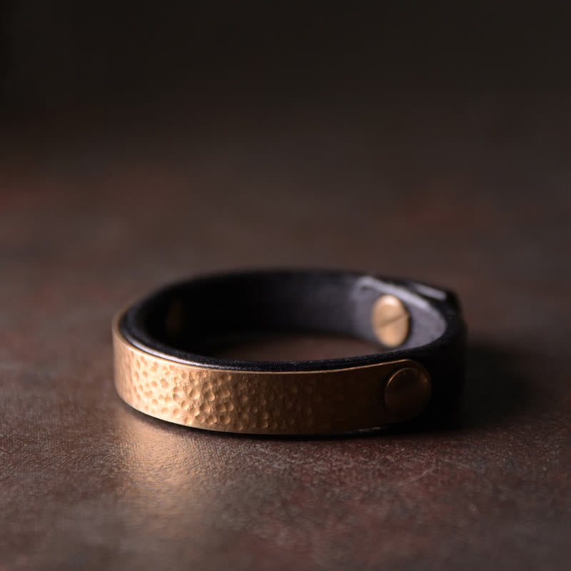 Wear FengShui Vintage Handmade Texture Copper Brass Leather Wealth Bracelet Bangle