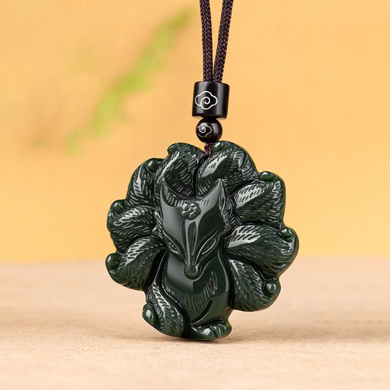 Wear FengShui Hetian Cyan Jade Nine Tailed Fox Luck Necklace String Pendant