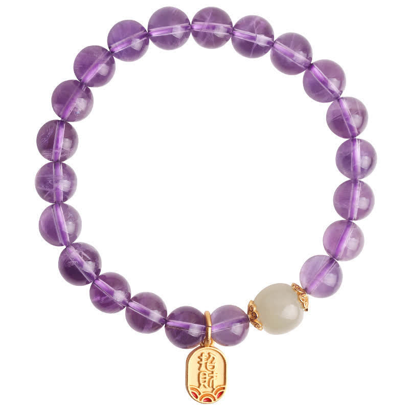 Wear FengShui Natural Amethyst Crystal Hetian Jade Healing Charm Bracelet