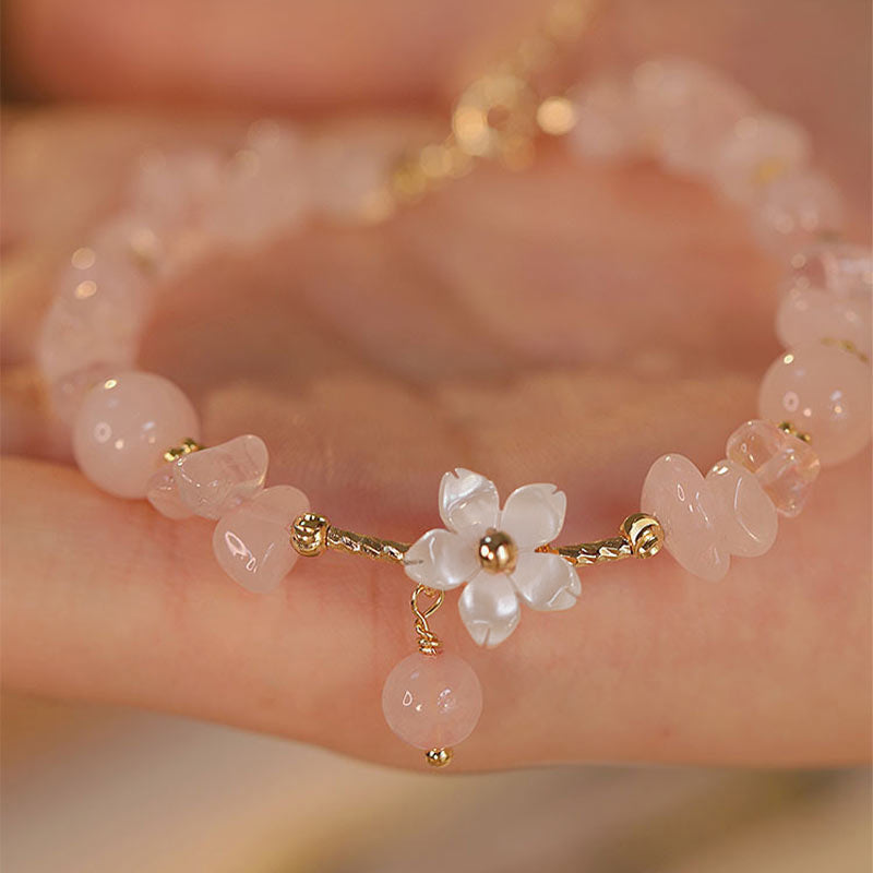 Wear FengShui 14k Gold Plated Natural Pink Crystal Flower Love Bracelet