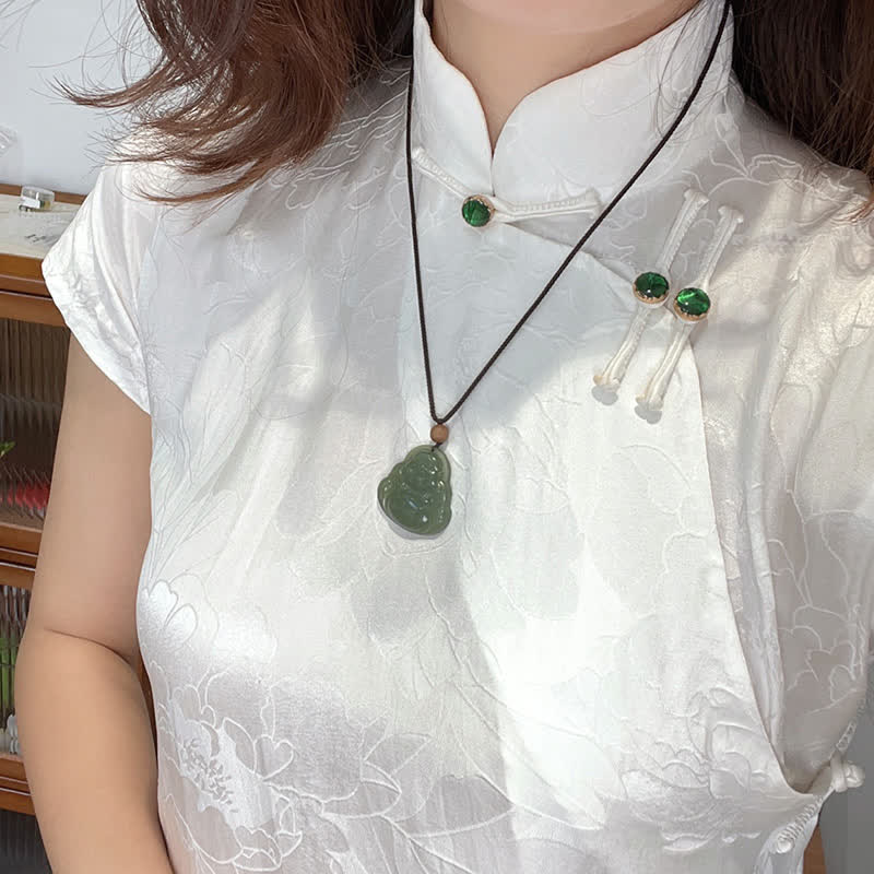 Wear FengShui Laughing Buddha Hetian Jade Healing Calm Necklace String Pendant