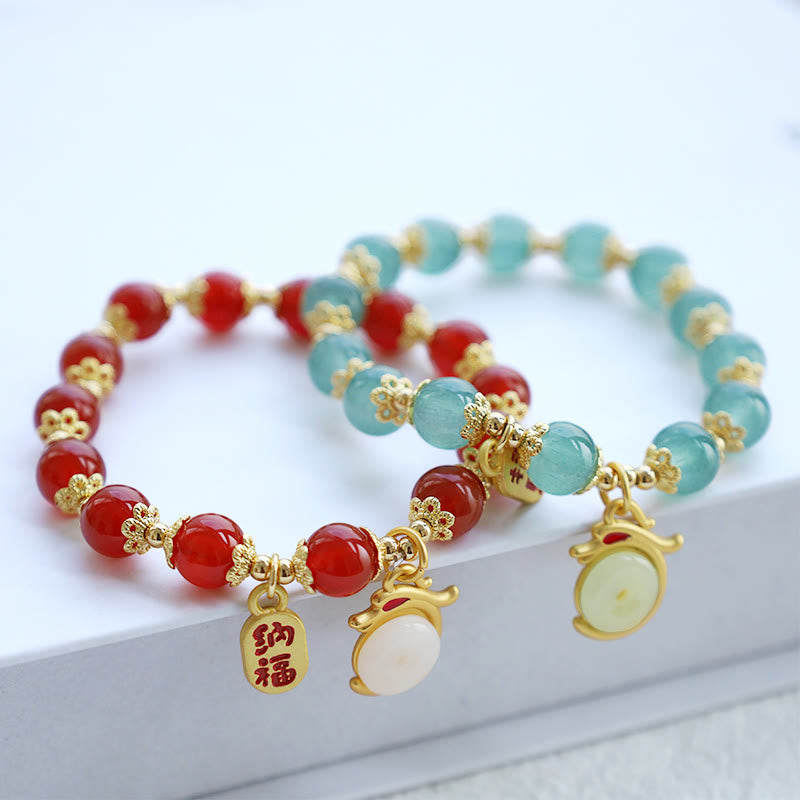 Wear FengShui Year of the Dragon Red Agate Green Aventurine Peace Buckle Fu Character Lucky Fortune Bracelet