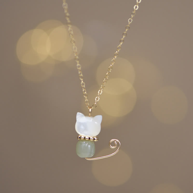 Wear FengShui 14K Gold Plated Pearl Hetian Jade Shell Luck Cat Kitten Necklace Pendant