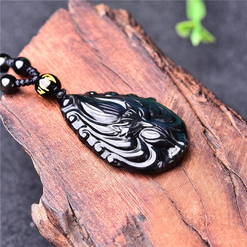 Wear FengShui Natural Rainbow Obsidian Nine Tailed Fox Inner Peace Necklace Beaded String Pendant