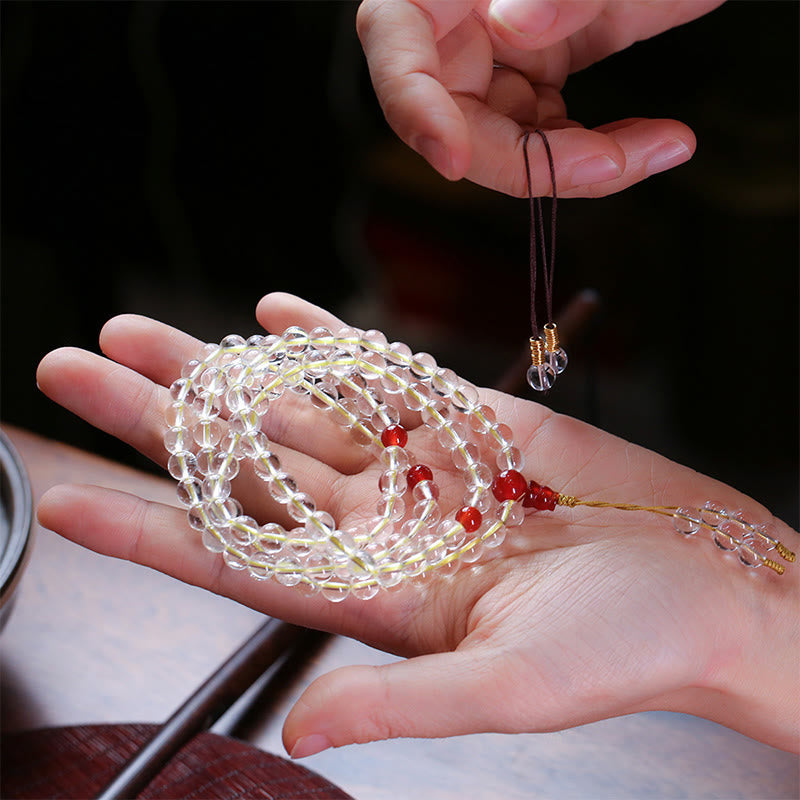 Wear FengShui 108 Mala Beads 925 Sterling Silver Natural White Agate Red Agate Quadruple Wrap Protection Bracelet
