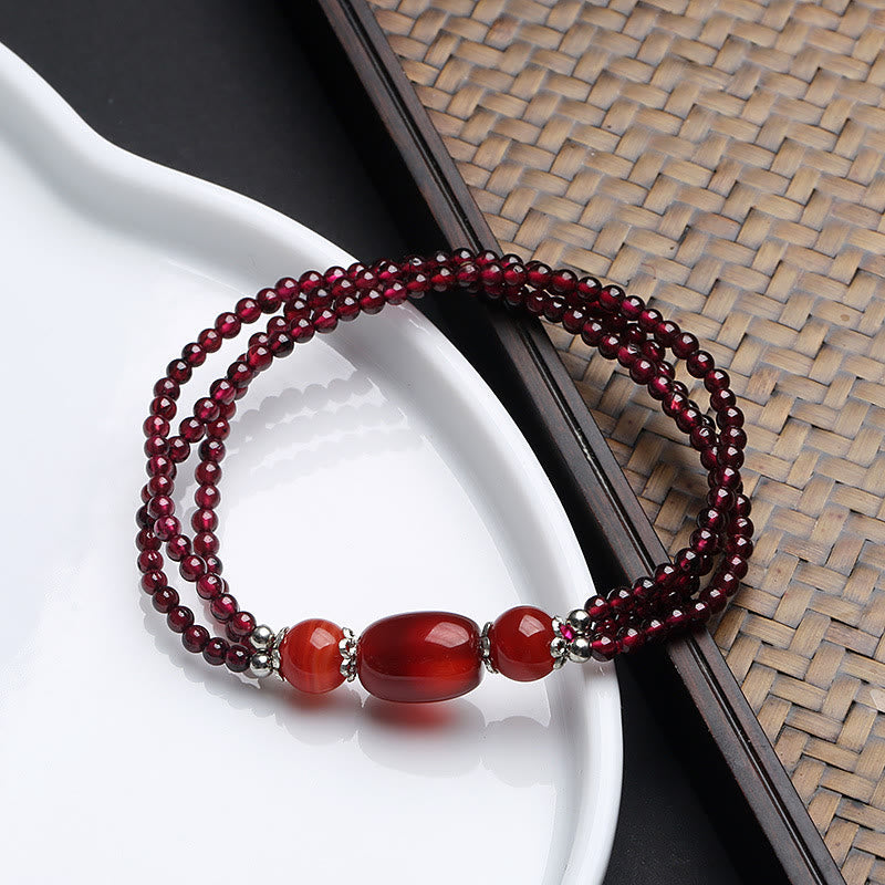 Wear FengShui Natural Garnet Red Agate Protection Triple Layer Bracelet
