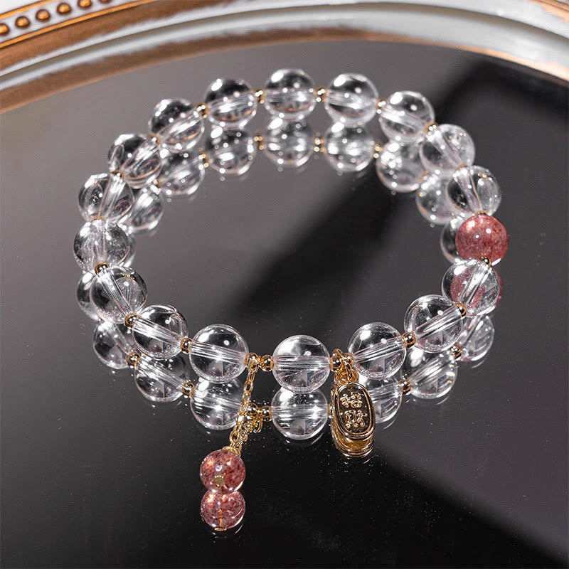 Wear FengShui White Crystal Strawberry Quartz Healing Attract Fortune Charm Bracelet