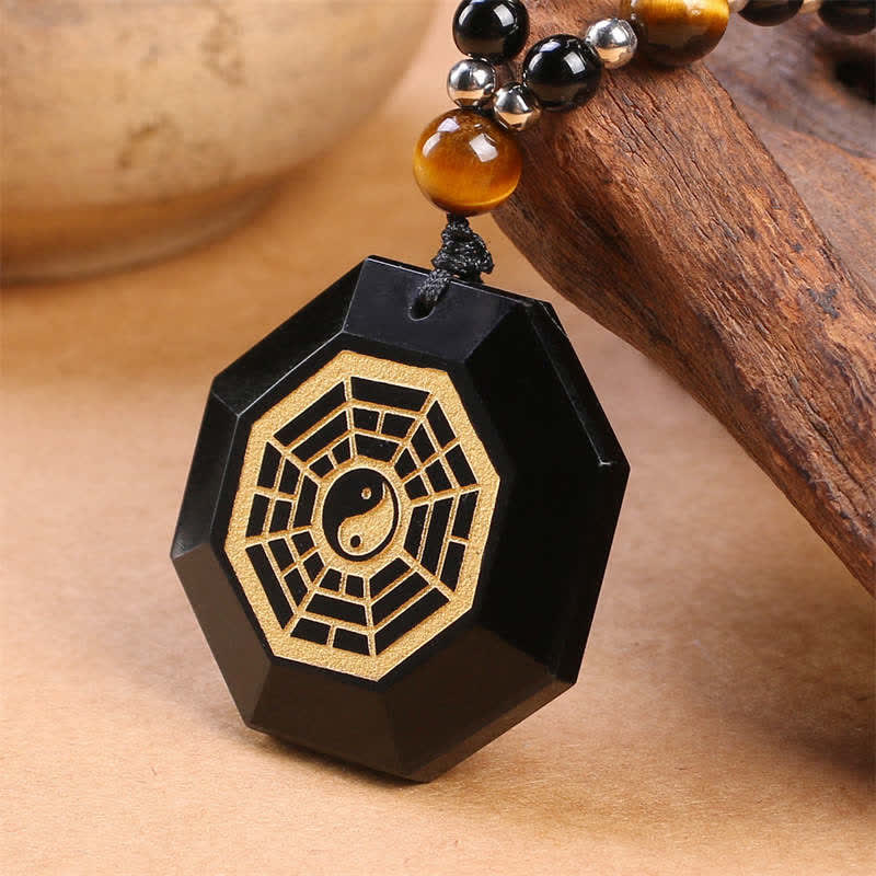 Wear FengShui Bagua Yin Yang Black Obsidian Purification Beaded Necklace Pendant
