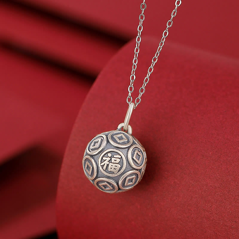 Wear FengShui 990 Sterling Silver Fu Character Copper Coin Luck Fortune Chain Necklace Pendant