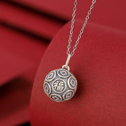 Wear FengShui 990 Sterling Silver Fu Character Copper Coin Luck Fortune Chain Necklace Pendant