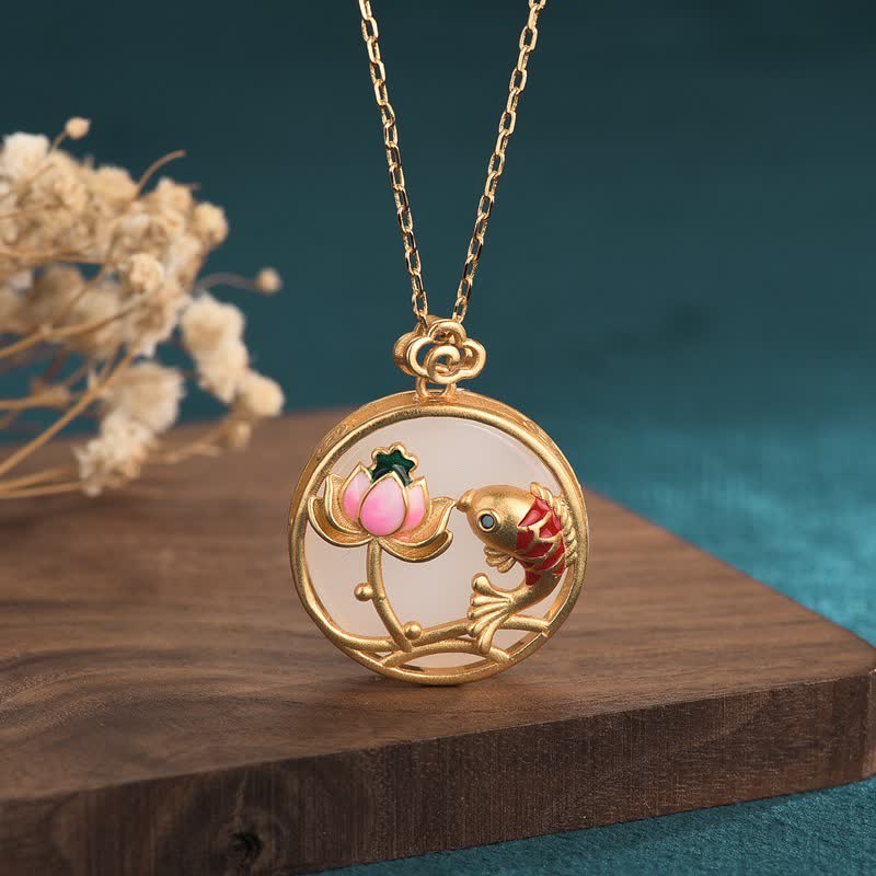 Wear FengShui White Jade Koi Fish Lotus Blessing Necklace Pendant